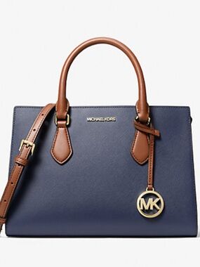 MICHAEL KORS 💙 Sheila 💙 NAVY TWO-TONE FAUX SAFFIANO MEDIUM SATCHEL BAG 🌟EUC🌟